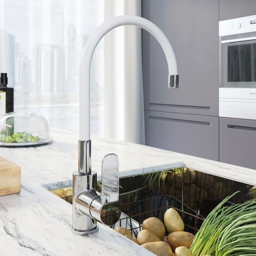 Смеситель для кухни с гибким изливом Avrora Kitchen AV9002 хром, излив белый, серый, черный фото 3