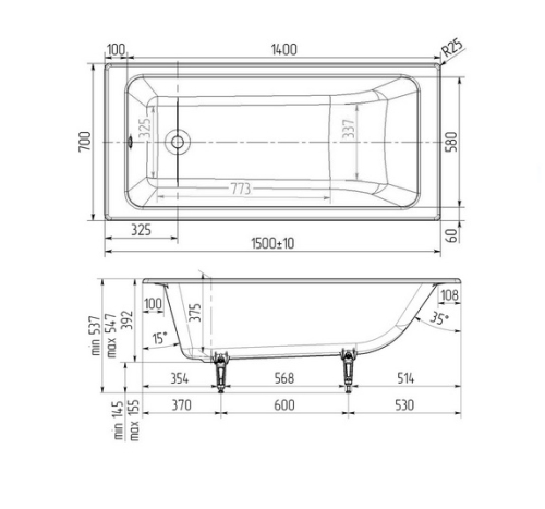 Ванна чугунная Wotte Line 150, 160, 170*70 фото 3