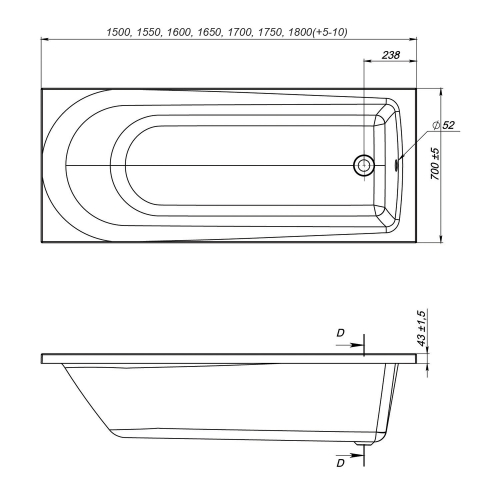Ванна акриловая Mirsant Абрау 150, 155, 160, 165, 170, 175, 180*70 фото 3