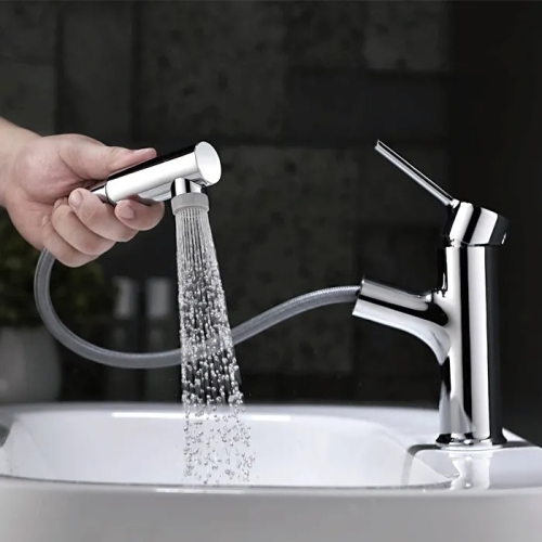 Смеситель с выдвижной лейкой на умывальник Ledeme L1055-25 хром фото 4