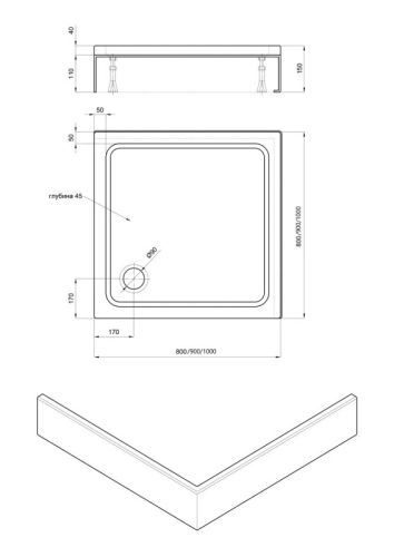 Поддон акриловый Aquatek 80*80 90*90, 100*100 с ножками и съемной панелью (без сифона) фото 2