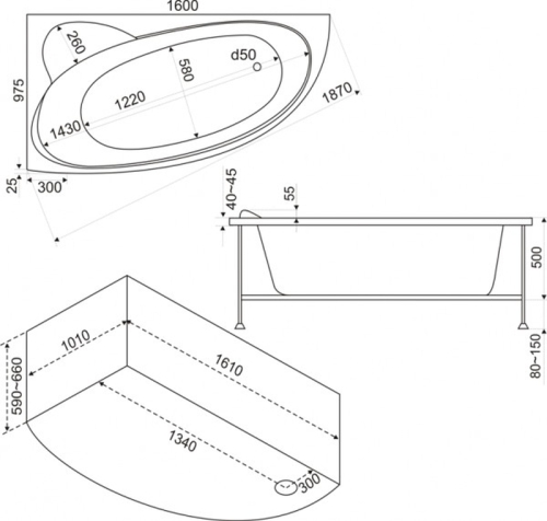 Ванна акриловая BAS Сагра 160*100 с каркасом фото 2