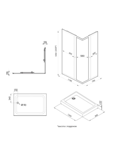 Душевое ограждение Triton Вента-Графит 120*80, 120*90 прозрачное стекло фото 5