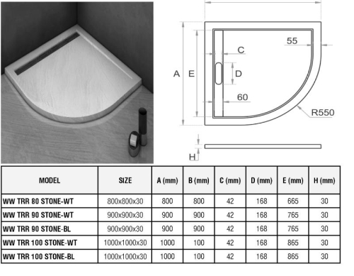 Поддон WeltWasser WW TRR Stone-BL 90*90, 100*100 искусственный мрамор + ножки + панель черный фото 3
