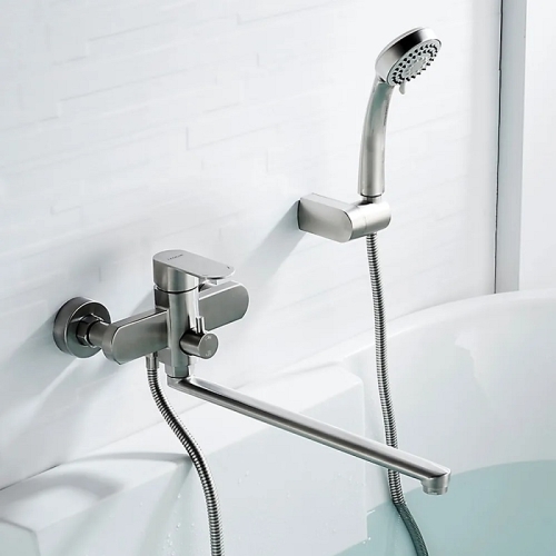 Смеситель с длинным изливом для ванны Ledeme L72216 нержавеющая сталь (лейка и шланг в комплекте) фото 7