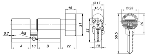 Цилиндровый механизм Fuaro с вертушкой 100 ZM 60 mm (25+10+25) AB бронза 5 кл. фото 2