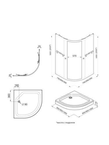 Душевое ограждение Triton Альфа-Графит 90*90, 100*100 прозрачное стекло фото 6