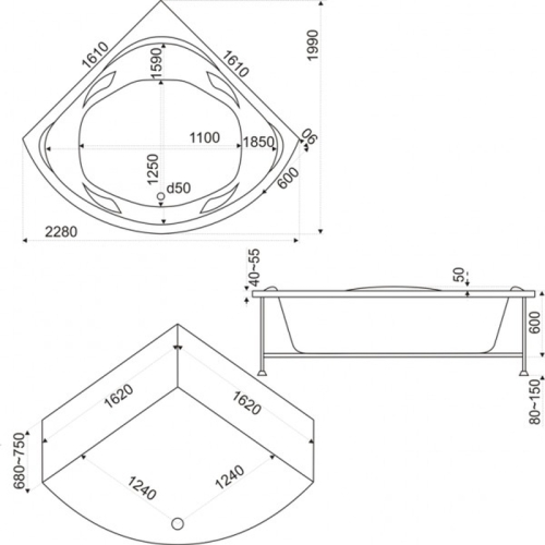 Ванна акриловая BAS Ривьера 161*161 с каркасом фото 2
