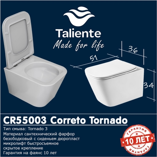 Унитаз подвесной безободковый Taliente Correto CR55003, смыв Торнадо фото 2