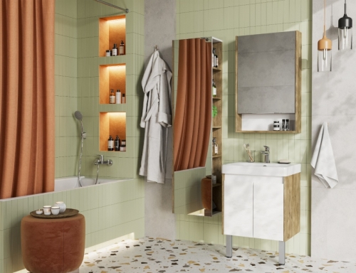 Тумба с раковиной Aquaton Сканди Doors 45, 55, 70, 80 Белый Глянцевый/Дуб Рустикальный фото 4