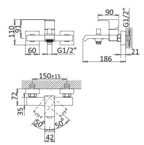 Смеситель для ванны CEZARES PORTA-VM-NOP черный матовый фото 2