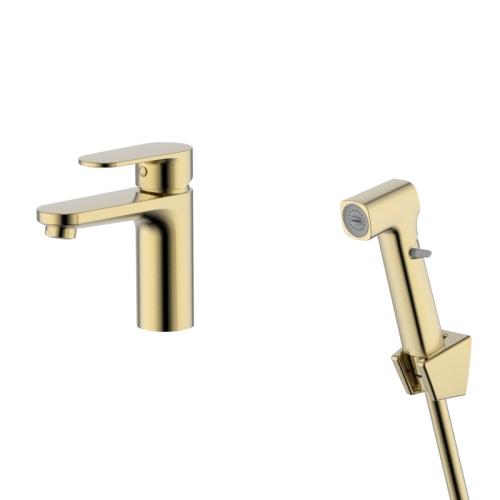 Смеситель для раковины с гигиеническим душем Aquatek Ника AQ1812BG, золото шлифованное