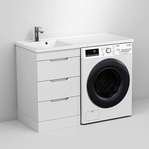 Тумба с раковиной над стиральной машиной Mirsant Сохо Квадро 110, 120 напольная, белая