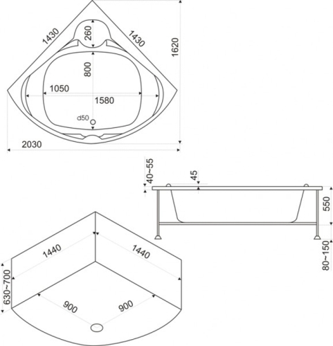 Ванна акриловая BAS Хатива 143*143 с каркасом фото 2