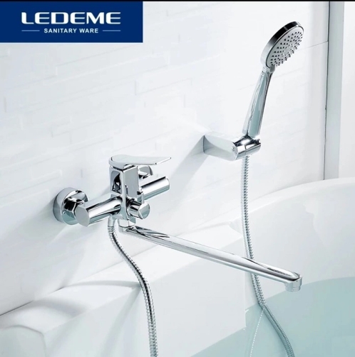 Смеситель с длинным изливом для ванны Ledeme L2275 хром (лейка и шланг в комплекте) фото 2