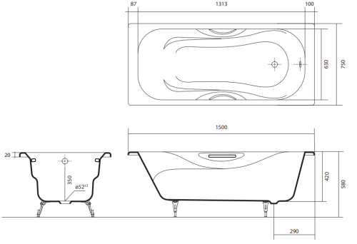 Ванна чугунная Aquatek Гамма 150*75, 170*75, 180*80 с ручками и ножками фото 3