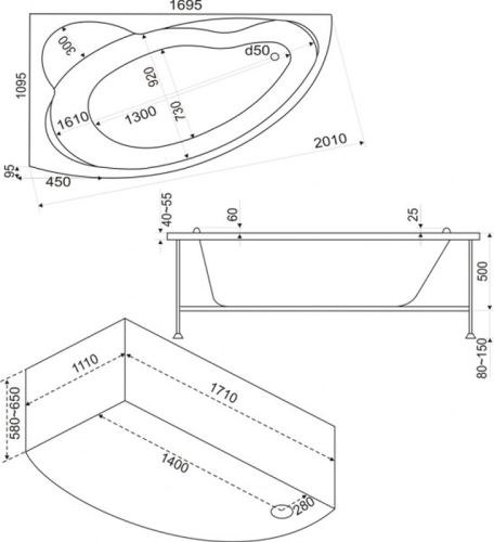 Ванна акриловая BAS Лагуна 170*110 с каркасом фото 2