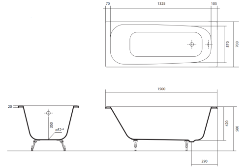 Ванна чугунная Aquatek Сигма 150*70, 170*70 с ножками фото 2