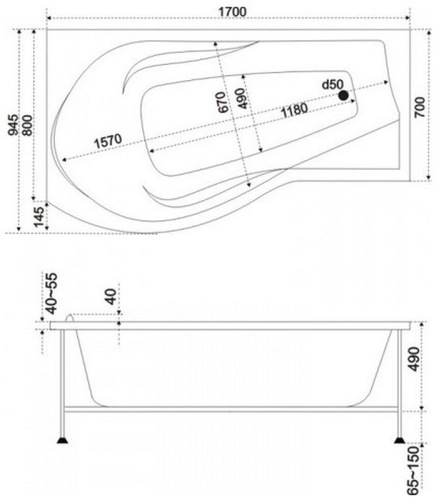 Ванна акриловая BAS Капри 170*80 с каркасом фото 2