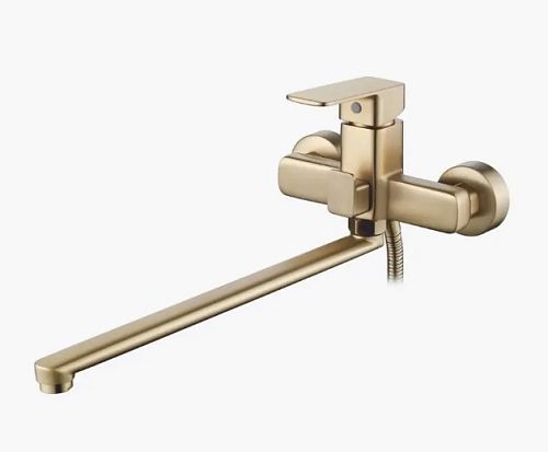 Смеситель с длинным изливом для ванны Ledeme L2280Y золотой сатин (лейка и шланг в комплекте)