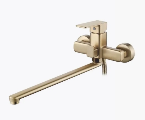 Смеситель с длинным изливом для ванны Ledeme L2280Y золотой сатин (лейка и шланг в комплекте)