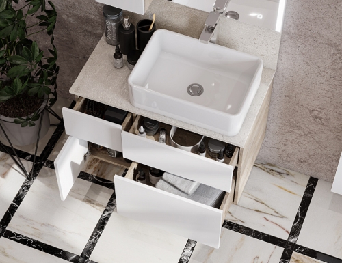 Тумба со столешницей керамогранит с раковиной Мила Aquaton Мишель 80, 100 Белый Софт/Дуб Эндгрейн подвесная фото 5