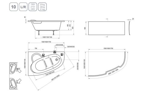 Ванна акриловая Ravak Asymmetric 150*100 160*105 170*110 фото 3