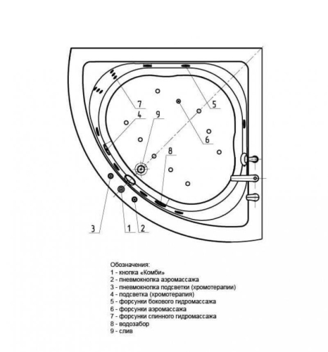 Ванна Aquatek Юпитер пневматическое управление 150*150 гидромассажная фото 4