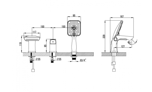 Смеситель на борт ванны 3 отв Lemark Unit LM4545C хром фото 2