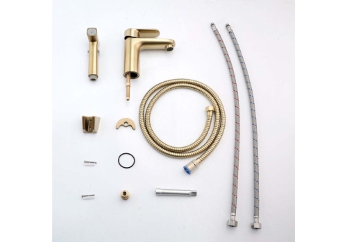 Смеситель для раковины с гигиеническим душем Aquatek Ника AQ1812BG, золото шлифованное фото 2