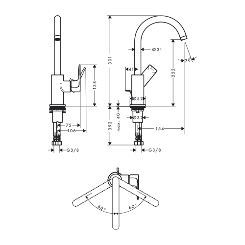 Смеситель для раковины Hansgrohe Rebris E210, с донным клапаном, черный 72576670 фото 2