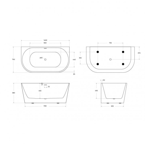 Ванна акриловая BelBagno BB710 140*75, 150*75, 170*80 фото 5