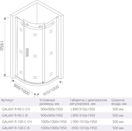 Душевое ограждение BAS GALAXY R 90*90, 100*100 хром/ чёрное фото 2