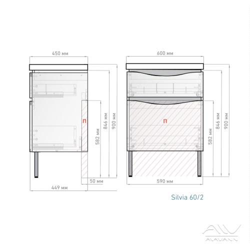 Тумба с раковиной Alavann Silvia 60, 70 напольная белая/серые вставки фото 7