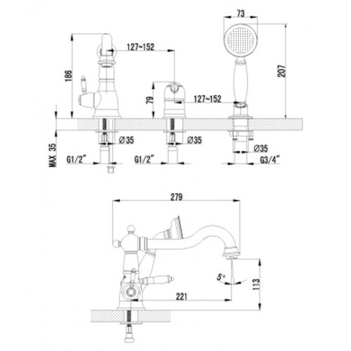 Смеситель на борт ванны 3 отв Lemark VILLA – LM4845B бронза фото 2