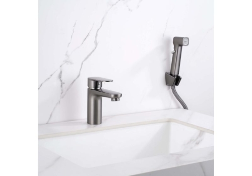 Смеситель для раковины с гигиеническим душем Aquatek Ника AQ1812BGM, оружейная сталь фото 4