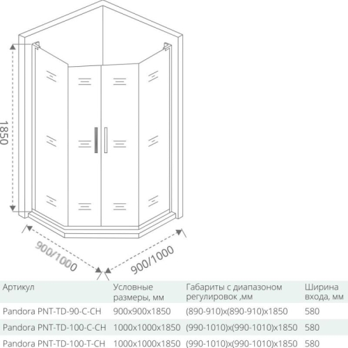 Душевое ограждение BAS PANDORA PNT-TD 90*90, 100*100 хром фото 2