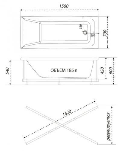 Акриловая ванна 1ACReal Тори 150*70 160*70 170*70 + каркас фото 3