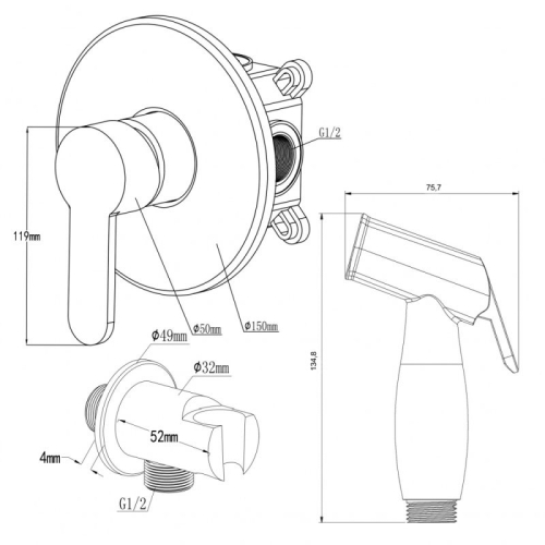 Смеситель скрытого монтажа с гигиенической лейкой Swedbe Platta 5524 хром фото 2