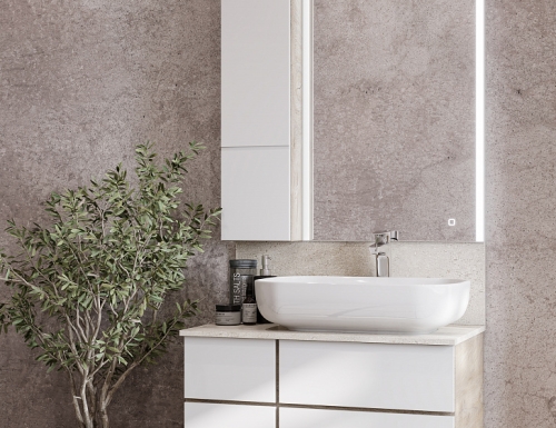 Тумба со столешницей керамогранит с раковиной Лола Aquaton Мишель 80, 100 Белый Софт/Дуб Эндгрейн подвесная фото 5