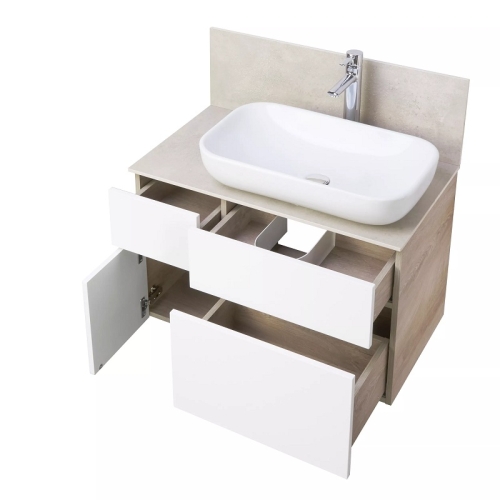 Тумба со столешницей керамогранит с раковиной Лола Aquaton Мишель 80, 100 Белый Софт/Дуб Эндгрейн подвесная фото 3