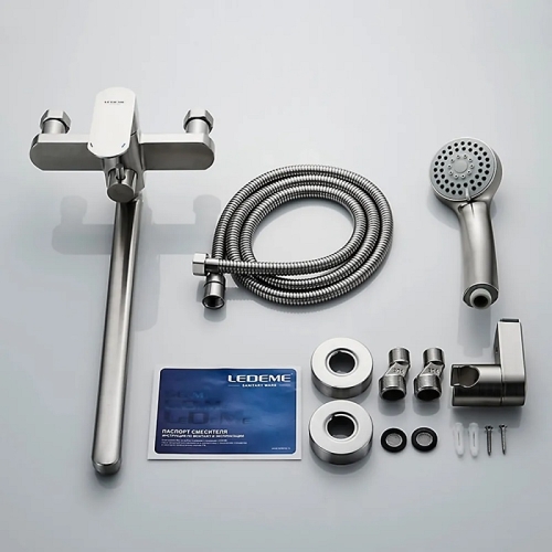 Смеситель с длинным изливом для ванны Ledeme L72216 нержавеющая сталь (лейка и шланг в комплекте) фото 6