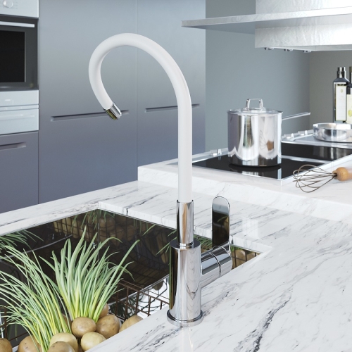 Смеситель для кухни с гибким изливом Avrora Kitchen AV9002 хром, излив белый, серый, черный фото 4