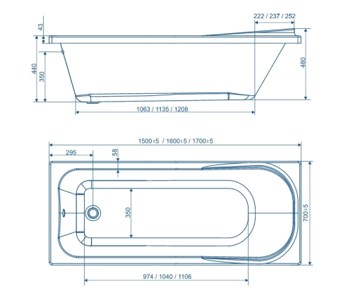 Ванна акриловая Mirsant Гагра 150, 160, 170*70 фото 6