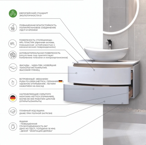 Тумба с раковиной Velvex Luna 60, 80, 100 белая подвесная фото 8