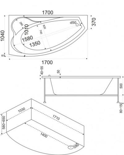 Ванна акриловая BAS Николь 170*100 с каркасом фото 2