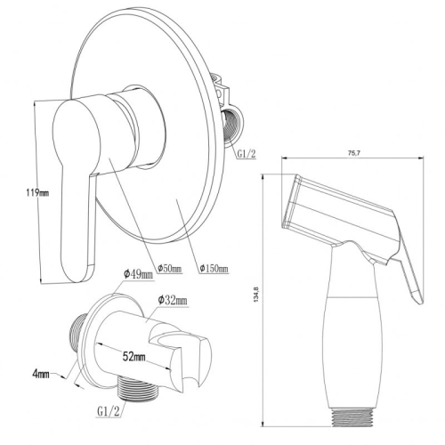 Смеситель скрытого монтажа с гигиенической лейкой Swedbe Platta 5525 хром фото 2