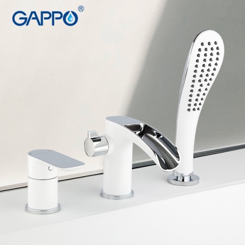 Смеситель с каскадным изливом врезной на борт ванны 3 отв. Gappo Noar G1148-8 белый/хром фото 2