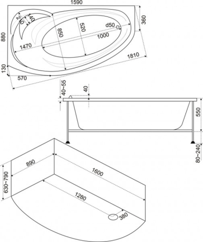 Ванна акриловая BAS Флорида 160*88 с каркасом фото 2