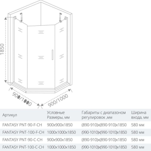 Душевое ограждение BAS FANTASY PNT-TD 90*90, 100*100 хром фото 2